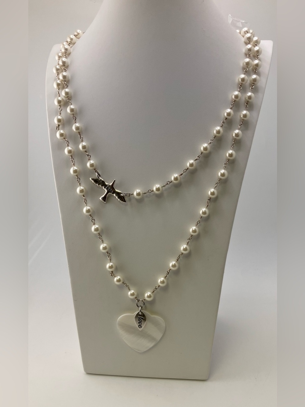 Katia Designs Silver/White Pearl Heart & Dove Layered Necklace NWT - Picture 2 of 7